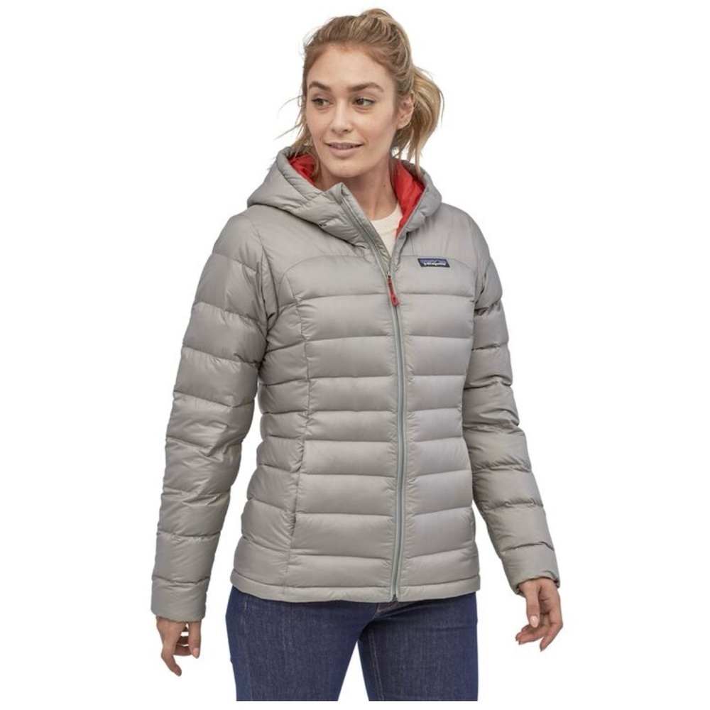 Patagonia Women's Hi-Loft Hooded Down Sweater. Drifter Grey/Rincon Red, XS